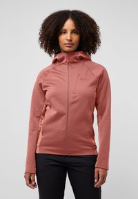Figurbetonter Reißverschlussjacke in hellem Korallenrot, aus strukturiertem Stoff mit Kapuze, ausgestattet mit einer Brusttasche und kontrastierenden dunkleren Akzenten.