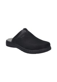 Schwarze Leder-Clogs zum Hineinschlüpfen mit matter Oberfläche, runder Zehenpartie, gepolsterter Wildlederinnensohle und strukturiertem Außensohlen für Grip.