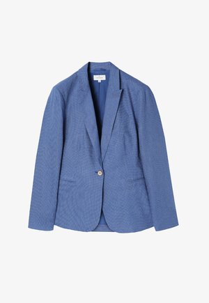 Sinine bleiser koos tekstuuriga mustriga, ühe nupu kinnitusega ja kahe esipocketiga. Omab sakilise kraega kaelust ja täielikult vooderdatud sisemust.