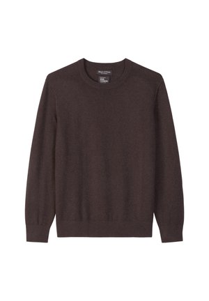 Dunkelbrauner Rundhalsausschnitt Langarm-Kaschmirpullover mit gerippten Bündchen und Saum, flach auf einem weißen Hintergrund präsentiert.