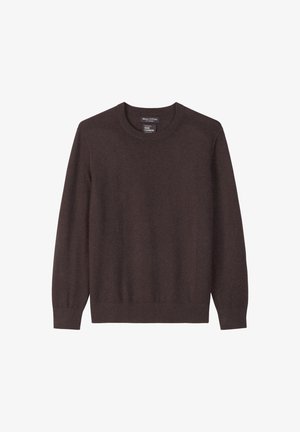 Dunkelbrauner Rundhalsausschnitt Langarm-Kaschmirpullover mit gerippten Bündchen und Saum, flach auf einem weißen Hintergrund präsentiert.