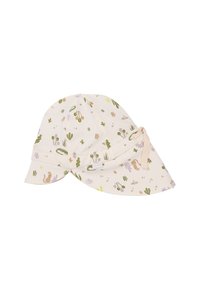 Helle Baumwollmütze für Kinder mit Blumen- und Tiermustern, einem geschwungenen Schirm und einer Schleifenakzent an der Seite.