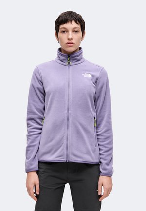Νεαρό άτομο που φοράει ένα ανοιχτό μωβ fleece μπουφάν με ψηλό γιακά, φερμουάρ μπροστά και το λογότυπο της North Face στο στήθος.