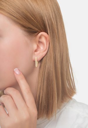 Guldörhängen i form av hoops med en texturerad detalj, bärs på loben av en person med kort hår, vilket framhäver deras geometriska form och glans.
