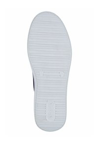 Weiße Gummisohle mit strukturierten horizontalen Rillen und eingraviertem Branding. Hat eine abgerundete Ferse und definierte Kanten. Größenmarkierungen sind vorhanden.