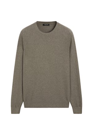 Maglione verde oliva chiaro lavorato a maglia con scollo rotondo, maniche lunghe e polsini a coste. Tessuto strutturato con un motivo sottile.