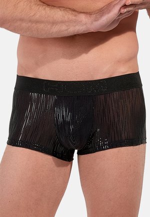 Schwarze Boxershorts für Männer mit transparentem Design, das vertikale Streifen und einen strukturierten Bund aufweist. Das Material wirkt leicht und enganliegend.