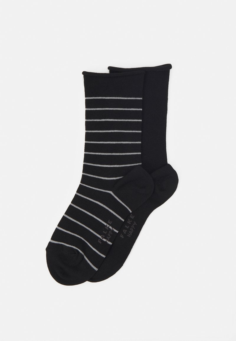 Sorte strømper med et stribet design i nuancer af grå. Den ene strømpe har tynde vandrette striber, mens den anden er ensfarvet sort.