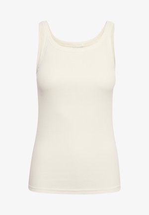 Canotta leggera di crema, con scollo a rotondo e spalline larghe. Texture liscia, design aderente, senza hardware visibile.