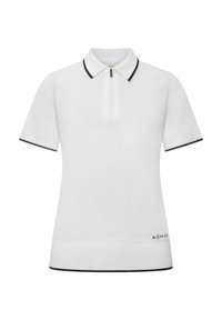 Vit polo skjorta med korta ärmar, dragkedja vid kragen, svart detalj vid kragen och fållen, samt logotyp på undersidan. Tillverkad av en slät, lätt vikt material.