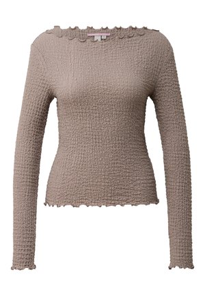 Langärmliges, figurbetontes taupefarbenes Oberteil aus strukturiertem Stoff mit gewellten Kanten am Ausschnitt, an den Bündchen und am Saum.