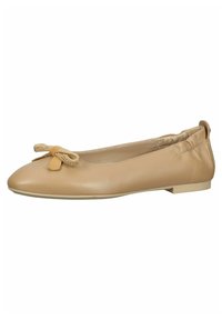 Beige Leder Ballettschuhe mit runder Zehenpartie, ausgestattet mit einer kleinen gelben Schleife und dezenten Verzierungen an der Vorderseite, flacher Sohle.