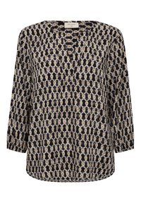 Långärmad blus med mönster i svart, vitt och guld med geometrisk design. Lättviktig tyg med avslappnad passform och V-ringning.
