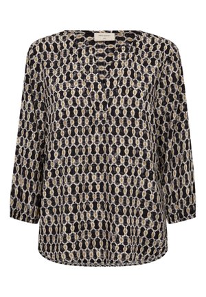 Langarmige, gestreepte blouse met een zwart, wit en gouden geometrisch ontwerp. Lichtgewicht stof met een relaxte pasvorm en V-halslijn.