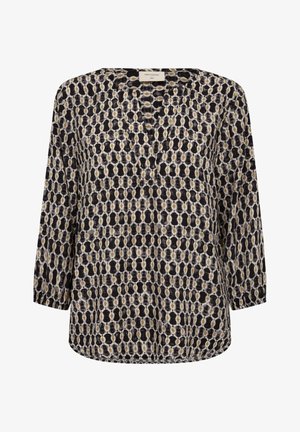 Langarmige, gestreepte blouse met een zwart, wit en gouden geometrisch ontwerp. Lichtgewicht stof met een relaxte pasvorm en V-halslijn.