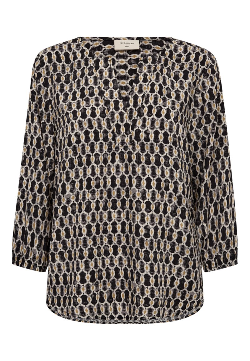 Långärmad blus med mönster i svart, vitt och guld med geometrisk design. Lättviktig tyg med avslappnad passform och V-ringning.