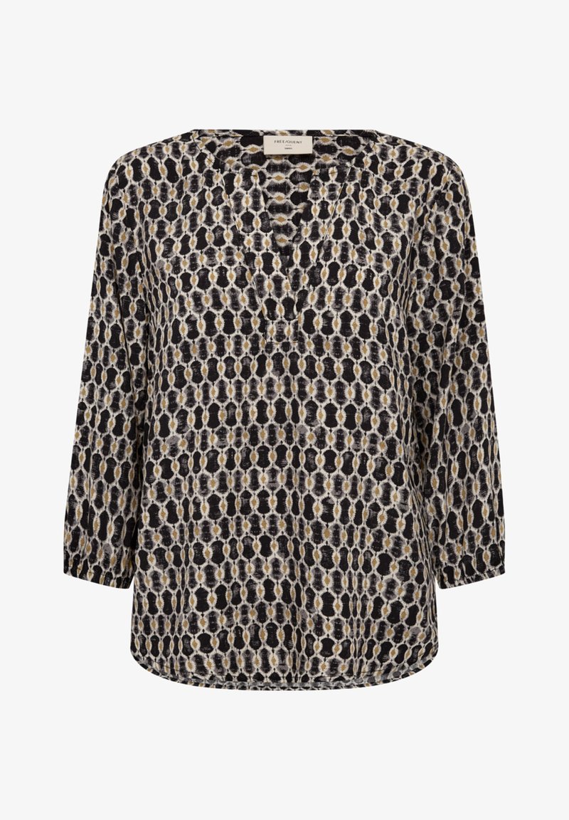 Långärmad blus med mönster i svart, vitt och guld med geometrisk design. Lättviktig tyg med avslappnad passform och V-ringning.