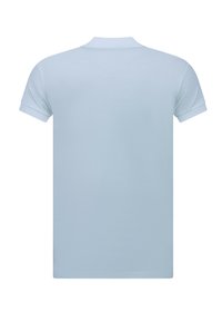 Lichtblauwe polo, korte mouwen, ribbelkraag, gladde textuur, geen patronen of graphics. Achteraanzicht weergegeven.