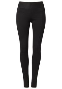 Zwarte leggings met een brede, elastische hoge tailleband. De stof is glad met een aansluitend, rekbaar ontwerp en zijdelingse naaddetails.