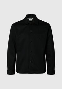 Sort button-up skjorte med krave, fremstillet af glat stof, har en enkelt brystlomme, lange ærmer og standard manchetter.