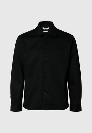 Black button-up shirt with a collar, made of smooth fabric, features a single chest pocket, long sleeves, and standard cuffs.