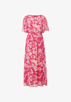 Floral maxi-jurk in roze en crème, met korte fladdermouwen, een elastische tailleband en een vloeiende snit van een zachte stof.