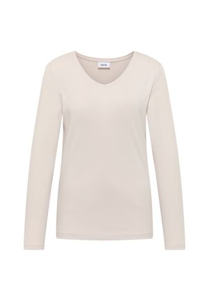 Langemouw V-hals shirt in lichtbeige, gemaakt van zacht materiaal, met een gladde textuur en nette stiksels. Geen zichtbare patronen of accenten.