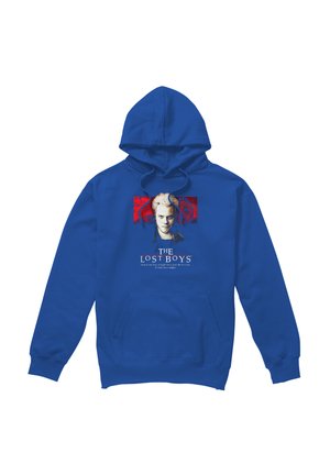 Blue hooded sweatshirt featuring a graphic of a pale man with horns and "The Lost Boys" text below on a red background.