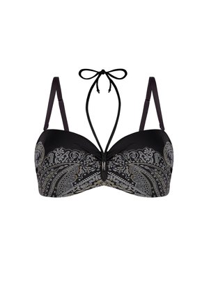 Czarny top bikini z wzorem paisley w odcieniach szarości i złota. Posiada regulowane ramiączka z kokardką oraz centralny metaliczny akcent.