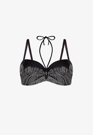 Czarny top bikini z wzorem paisley w odcieniach szarości i złota. Posiada regulowane ramiączka z kokardką oraz centralny metaliczny akcent.