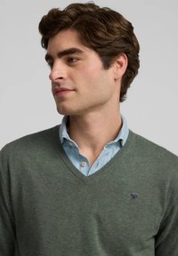 Suéter de pico en mezcla de lana verde oscuro, llevado sobre una camisa de color azul claro con cuello. Presenta un pequeño logotipo en navy en el lado izquierdo del pecho.