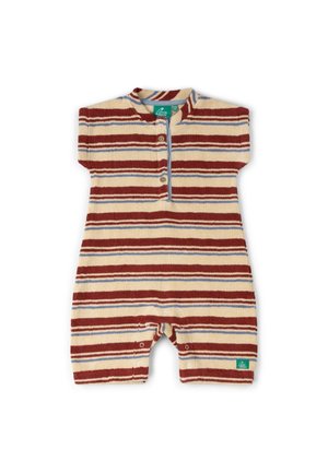 Short-sleeve baby romper with red, beige, and blue horizontal stripes, buttoned front placket, and snap closures at the legs.