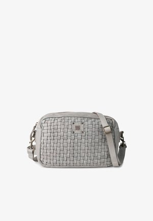 Woven gray leather crossbody bag with a rectangular shape, zip closure, adjustable strap, and branded metal accent.