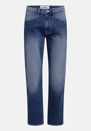 Dark blue denim jeans with a straight-leg design, featuring five pockets, exposed stitching, and a button closure.
