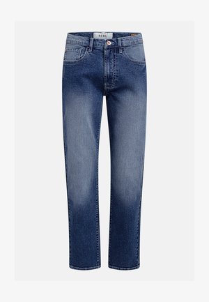 Jean en denim bleu foncé avec une coupe droite, doté de cinq poches, de surpiqûres apparentes et d'une fermeture à bouton.