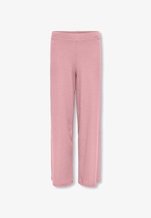 Lys rosa ribbede bukser med lige bendesign og elastisk talje. Blød tekstur, let materiale, og ingen synlige lukninger.