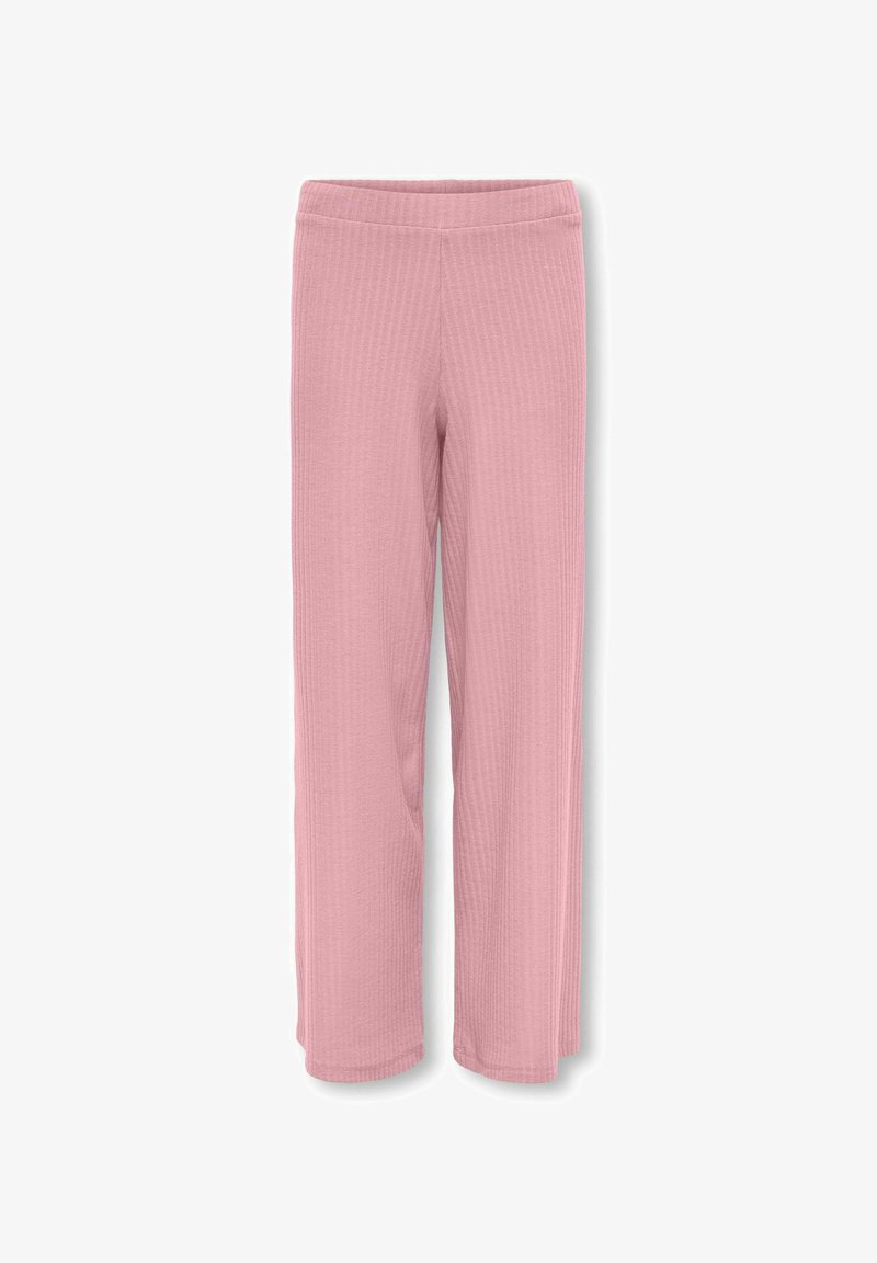 Lys rosa ribbede bukser med lige bendesign og elastisk talje. Blød tekstur, let materiale, og ingen synlige lukninger.