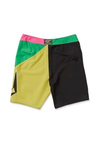 Shorts de bain avec un design en blocs de couleurs vert, jaune, rose et noir. Inclus une poche latérale et un détail logo à l'avant.