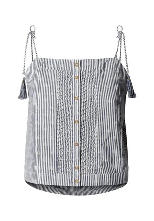 Ermeløs blå og hvit vertikalstripet bluse med knapper foran, volangdetaljer og justerbare knytebånd som ender i dusker.