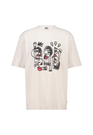 T-shirt bianco in cotone con design grafico di volti stilizzati, labbra rosse, contorni neri ed elementi astratti. Collo a giroclassico.