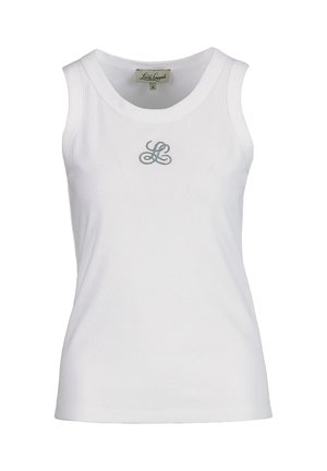 Biały prążkowany top na ramiączkach z okrągłym dekoltem i małym wyszywanym srebrnym logo "LL" na środku klatki piersiowej.