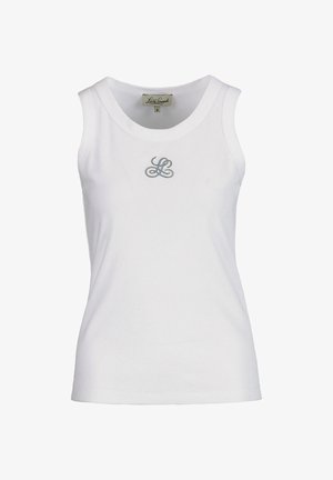 Débardeur blanc sans manches en maille côtelée avec encolure ronde et petit logo argenté "LL" brodé centré sur la poitrine.