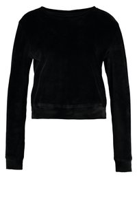 Svart cropped sweatshirt laget av myk, glatt stoff. Har lange ermer og vid halsåpning. Enkel, udekorerte design uten synlige mønstre.