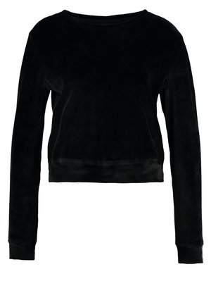 Svart cropped sweatshirt laget av myk, glatt stoff. Har lange ermer og vid halsåpning. Enkel, udekorerte design uten synlige mønstre.