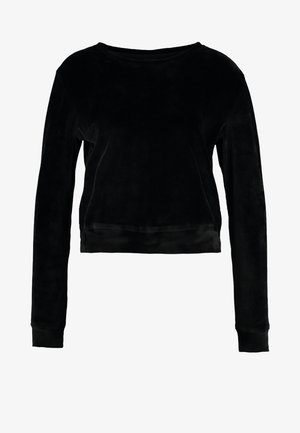 Musta lühikeste varrukatega sweatshird, mis on valmistatud pehmest ja siledast kangast. Omab pikki varrukasid ja laia kaelust. Lihtne, ilma ornamentideta disain, ilma nähtavate mustriteta.