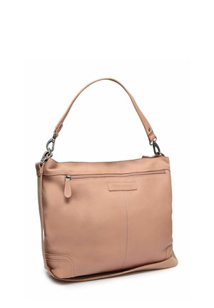 Sac à bandoulière en cuir rose doux avec bandoulière amovible, poche zippée à l'avant et ferrures métalliques argentées.