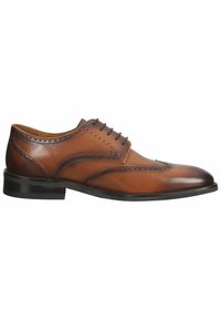 Braune Lederschuhe mit Broguedetails, runder Zehenform und schwarzer Gummisohle. Schnürdesign mit fünf Ösen.
