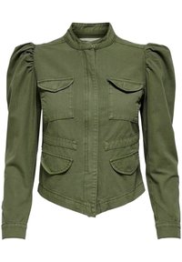 Olivenfarvet militærjakke med høj krave, puffede ærmer, to brystlommer og to sidelommer. Fremstillet af slidstærkt stof.