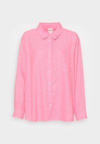 Pink linen shirt with a collared neckline, button placket, long sleeves, and a single chest pocket. Soft texture and relaxed fit.