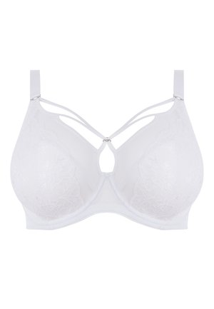 Reggiseno bianco con dettagli in pizzo, coppe preformate e spalline incrociate. Le spalline regolabili e l'accento centrale a forma di chiave aggiungono elementi di design.